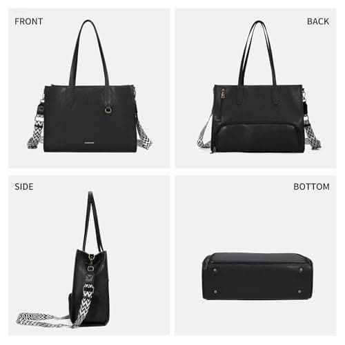 buyborgood Women’s Large leather Work Tote Bag with 14" Laptop Compartment Insulated Lunch Box, Black - Thumbnail 3