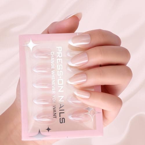 French Tip Press On Nails Acrylic - Short Almond Fake Nails Press ons, Reusable Glossy 30 Nail Kit with Glue, Adhesive Tabs, File, Manicure Stick, Prep Pad for Salon Quality or Fall Style - Image 1