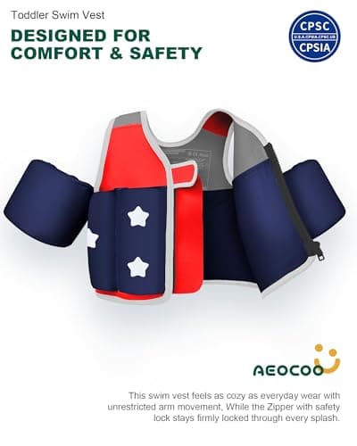 AEOCOO Toddler Swim Vest 20-30-50-70 Pounds, Kids Pool Floaties for 1-2-3-5-7-9 Years Old, Comfortable Wear Bright Float Jacket with Water Ring, Unpadded Sides for Arm Comfort, Boys, Girls, Red - Thumbnail 2