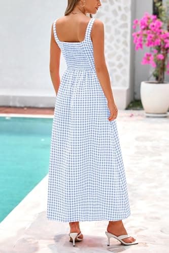 PRETTYGARDEN Women's 2026 Summer Spaghetti Strap Maxi Dresses Plaid Square Neck A Line Casual Beach Vacation Long Sundress (Light Blue,X-Large) - Thumbnail 2