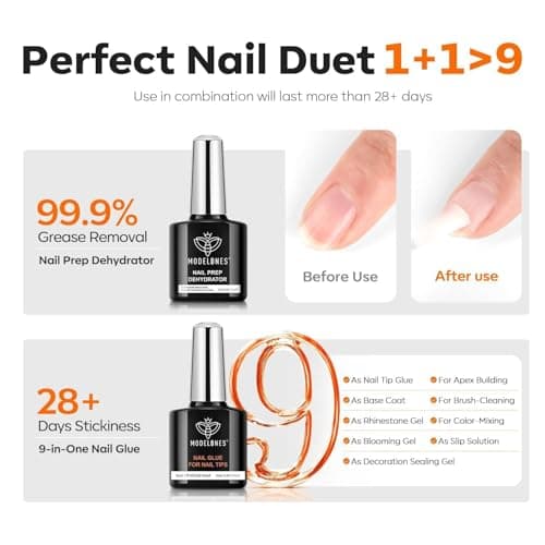 modelones X Nail Gel Kit Almond, Upgrade 15Sizes Fake Nails, 9-in-One Glue Dehydrator & Mini U V Light Clipper, 510Pcs Medium Almond Press on Tips for Extension DIY Salon Home Gift - Thumbnail 2