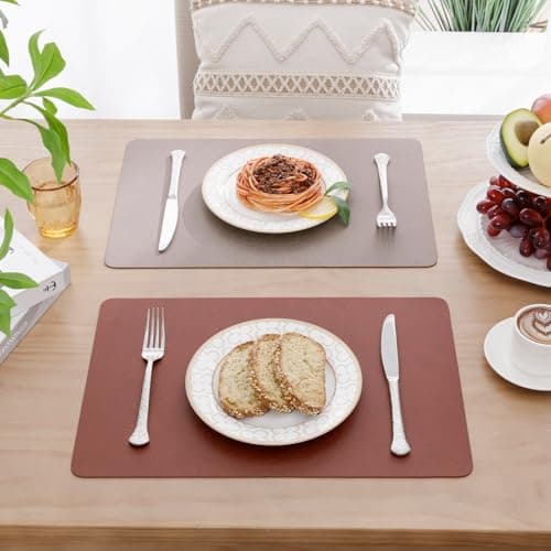 SHACOS Faux Cowhide Leather Placemats Set of 6, Wipeable Heat Resistant Table Mats, Stain Resistant Double Sided Reversible PU Place Mats for Dining Table Kitchen Restaurants, Chestnut and Gray Beige - Thumbnail 3