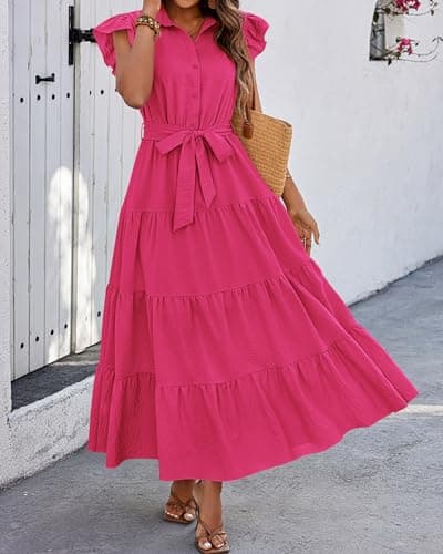 dowerme Women's Summer Casual Dresses 2026 Cap Ruffle Sleeve V Neck Button Belted Tiered Boho Maxi Dress with Pockets(Rose Red,Large) - Thumbnail 4