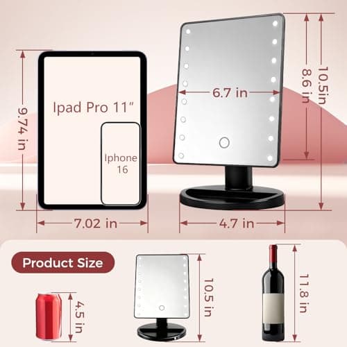 KOOKIN Lighted Vanity Makeup Mirror Led Lights 180 Degree Rotation Lighted Mirror Touch Screen Adjusted Brightness Desk Mirrors USB Dual Supply Bathroom Beauty Cosmetic Mirrors (Black) - Thumbnail 5