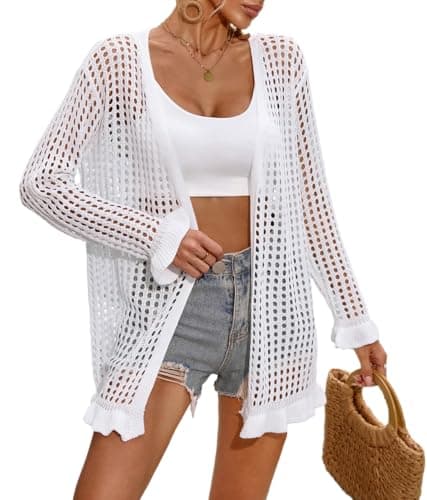 BreathSunny Womens Crochet Knit Swimsuit Coverup Cardigan Summer 2025 Open Front Long Sleeve Ruffle Trim Hollow Out Mesh Swimwear Beach Swim Bikini Bathing Suit Cover Up Kimono White S - Image 1