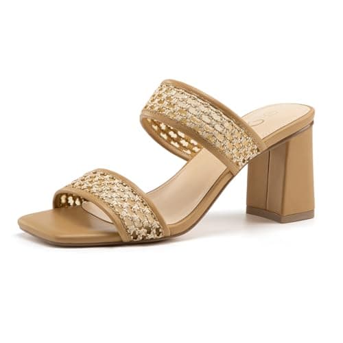 Athlefit Women's Braided Heels Square Toe Strappy Braided Sandals Slides Slip On Woven Block Brown Braided Heels Size 7 - Image 1