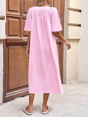 Wenrine Womens Flutter Short Sleeve Maxi Dress Casual V Neck Loose Flowy Long Summer Dresses Pink - Thumbnail 4