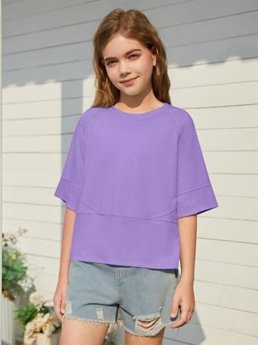 Humordream Girls Shirts Kids Raglan Short Sleeve T Shirts Summer Crewneck Oversized Crop Top Basic Tees 5-14Y Purple - Thumbnail 2