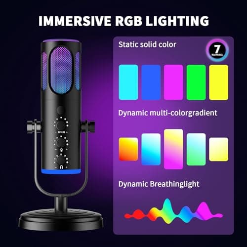 PUPGSIS Gaming Microphone for PC, Noise Cancellation Condenser Mic with RGB Lights, Mute, Monitoring, Pop Filter, Desktop-Mic for Streaming/Podcasting/Recording/Gaming Equipment, Plug & Play-Black - Thumbnail 5