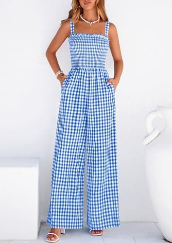 PRETTYGARDEN One Piece Jumpsuits for Women Casual Summer Cruise Outfits 2026 Spring Fashion Smocked Wide Leg Gingham Rompers (Blue,XX-Large) - Thumbnail 6