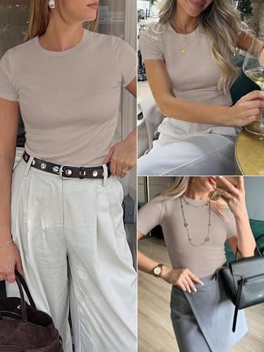 ANRABESS Women Short Sleeve Crewneck Ribbed Knit Slim Fitted Shirts Summer Tops Basic Tee Casual 2026 Spring Outfits Clothes Light Khaki X-Large - Thumbnail 6