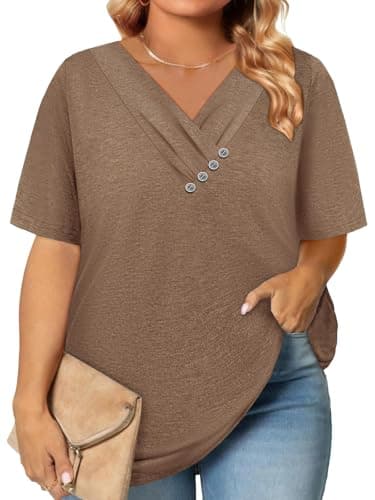 Womens Summer Boho Tops Plus Size Clothes Spring Fashion Clothing Vacation Western Easter Outfit for Women Blouses Dressy Casual Trendy Oversized Tshirts Short Sleeve Button Down V Neck T Shirts 3XL - Image 1