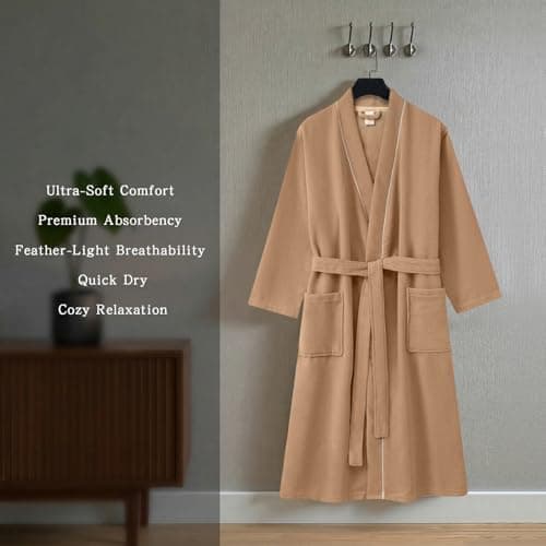 Inner Wish Men's Terry Cloth Bathrobe - Soft Absorbent Quick-Dry Spa Robe with Pockets, Lightweight Robe for Lounge & Shower，Khaki，L/XL - Thumbnail 5