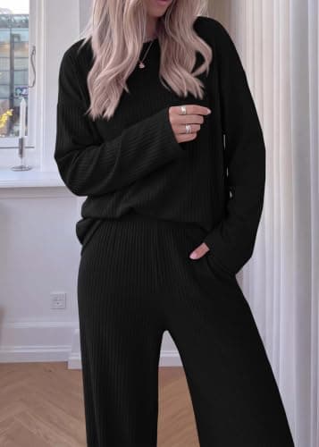 KIRUNDO Spring 2 Piece Lounge Sets for Women Long Sleeve Ribbed Knit Tops Wide Leg Pants Matching Travel Outfits Postpartum(Black, XX-Large) - Thumbnail 6