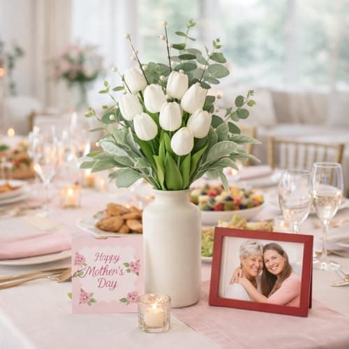 siqifloral 18 Pcs Artificial White Tulips Bouquet with Eucalyptus and Pearl Berries, Real Touch Silk Flowers for DIY Wedding Centerpieces, Home Table Arrangement - Thumbnail 5