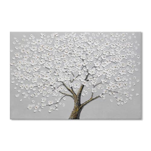 JUHOME Hand Painted White Floral Canvas Wall Art, 3D Textured Flower Oil Painting on Canvas, Neutral Colors for Bedroom, Living Room, Hallwa, Modern Home Decor,24x36 - Image 1