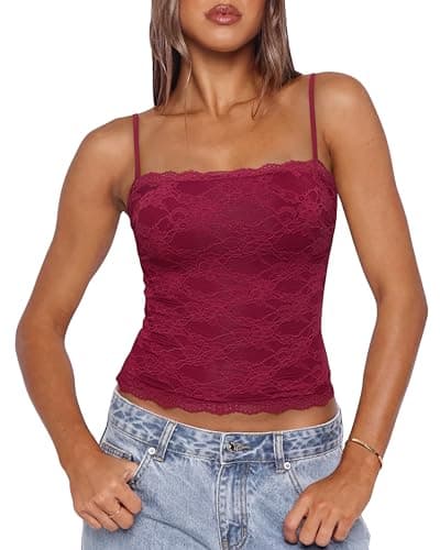 SUUKSESS Lace Camisole Tank Tops for Women Double Lined Going Out Tops Y2K Summer Outfits Basic Shirts Red - Image 1