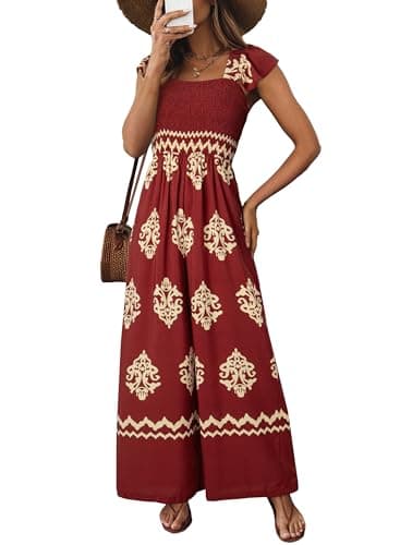 Happy Sailed Dressy Jumpsuits for Women Overalls Square Neck Short Sleeve One Piece Jumpsuit Wide Leg Long Pants Rompers with Pockets Beach Vacation Holiday Party Outfits Fashion 2026 Red Large - Image 1