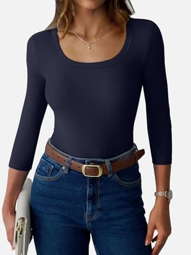 GKBK Womens 3/4 Sleeve Scoop Neck Tops Ribbed Knit Slim Fitted Casual Basic Tee Shirts 2026 Summer Fashion Trendy Work Casual T-Shirt Workout Outfits Thermal Undershirts Clothes Navy Blue S - Thumbnail 2