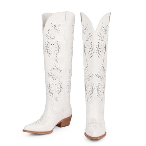 Easyfox White Cowboy Boots for Women Butterfly Embroidered Knee High Cowgirl Boots Chunky Heel Rhinestone Western Boot Pointed Toe Slip on Block Heel Cow Girl Boot Size 8.5 - Thumbnail 6