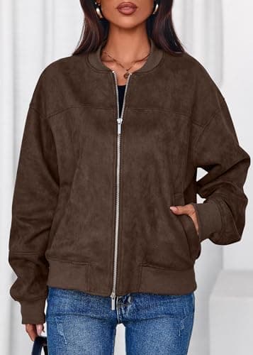 Lazysmile Women's Faux Suede Bomber Jackets Fall Fashion Outfits Winter Clothes Stand Collar Zip Up Coats Outwear with Pockets - Thumbnail 5
