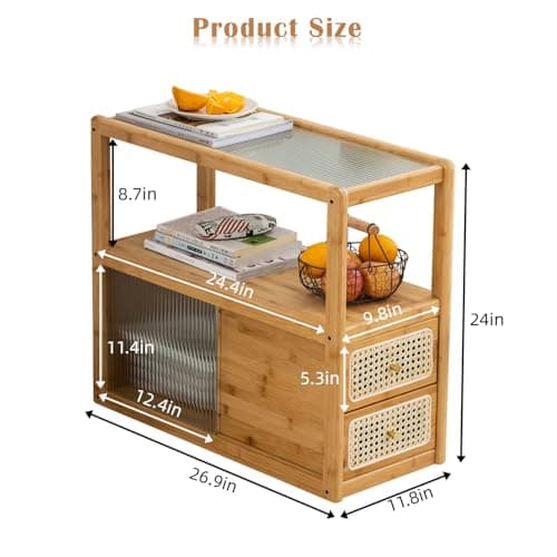 SOBIBO Bamboo Side Table Nightstand with Rattan Drawer & Glass Top – Multi-Function End Table, Nightstands with Storage for Bedroom, Living Room, and Small Spaces, Nature - Thumbnail 2