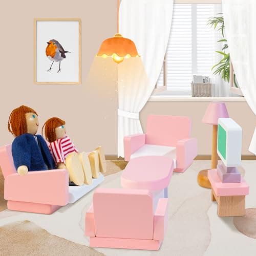 Kizfarm Wooden Dollhouse Furniture Set with 4 Family Dolls, 26 Pcs Pretend Play Dollhouse Accessories for 4 Rooms, Pink Furniture Toys Birthday Gifts for Girls Boys Age 3+ - Thumbnail 3