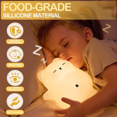 LettreQ Snoring White Bear Night Light, Rechargeable Squishy Lamp - Silicone Nursery LED Animal Dimmanble Touch Nightlight - Bedroom Cute Funny Birthday Christmas Gifts for Kids, Boy, Girls - Thumbnail 3