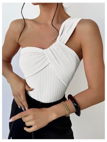 GORGLITTER Women's Twist Front One Shoulder Bodysuit Sleeveless Backless Asymmetrical Neck Tank Top Jumpsuits White Medium - Thumbnail 4