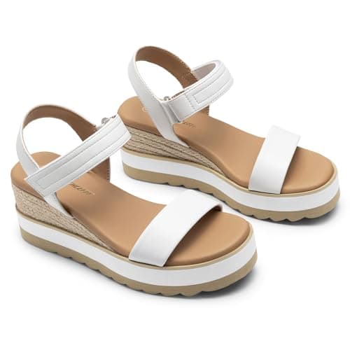 Athlefit Espadrille Wedge Sandals for Women, Open Toe Ankle Strap Low Wedge Heel Platform Sandals for Summer, White Size 9, SAPS2617W - Thumbnail 4