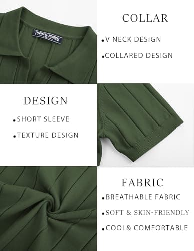 PJ PAUL JONES Mens Polo Shirts Short Sleeve Textured Knit Shirts Collared V Neck Ribbed Polo Shirts Army Green - Thumbnail 5