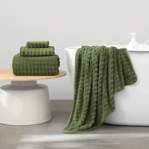 KBY Bath Towels Set 6 Piece 40x80 Inches，2 Extra Large Bath Sheets 2 Hand Towels 2 Washcloths，Highly Absorbent Quick Dry Microfiber,Ultra Soft Towel Set for Bathroom，Spa，Gym， Hotel (Olive Green) - Thumbnail 2
