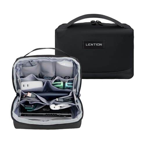 LENTION Premium Electronics Organizer Case with Handle, Large Multi-Compartment Travel Tech Bag for Tablet, Macbook Chargers, Cables, AirPods, Hard Drive Case Waterproof Travel Accessory(M372 Black)