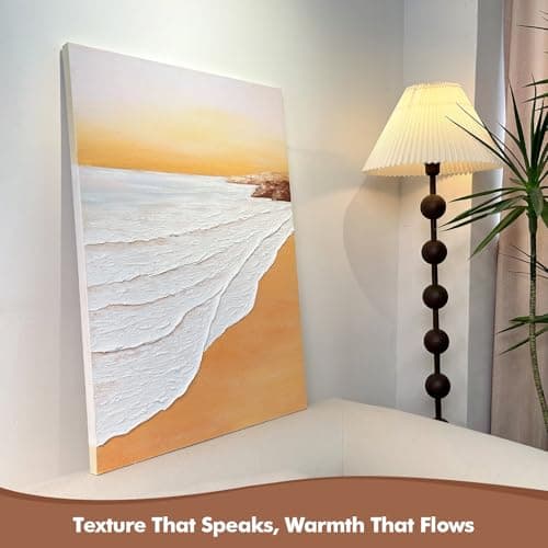JUHOME Coastal Ocean Sunset Wall Art Hand Painted Textured Canvas 24x36 Abstract Wave Painting for Living Room Bedroom or Entryway Golden Sea Gift Decor Original Artist Designed - Thumbnail 3