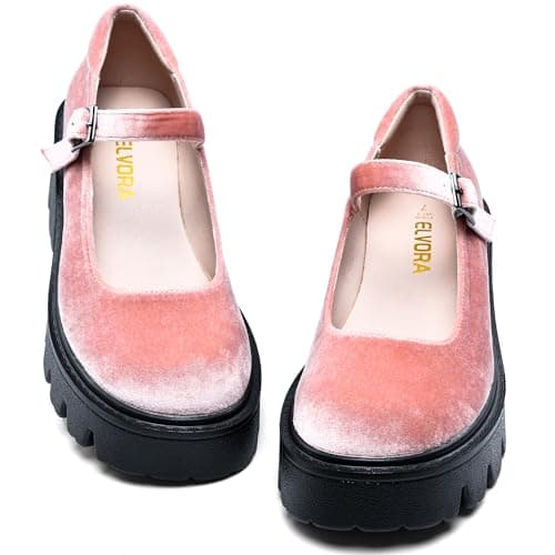Elvora Women's Mary Jane Shoes - Platform Mary Janes for Women, Pink Velvet Round Toe Chunky Dress Shoes with Adjustable Ankle Strap - Thumbnail 3