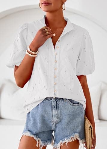 Lazysmile Summer Boho Tops for Women Short Sleeve V Neck Button Down Hollow Out Lace Embroidered Blouses Shirts White - Thumbnail 4