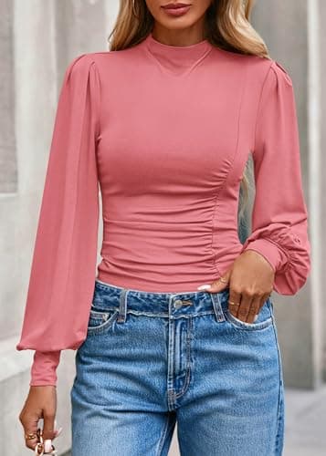 KIRUNDO Blouses for Women Dressy Casual 2026 Fall Ruched Puff Long Sleeve Shirts Mock Neck Underscrub Fitted Trendy Tops (Pink, X-Small) - Thumbnail 3