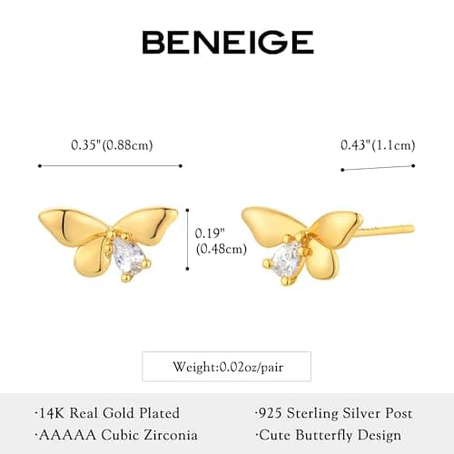 BENEIGE Gold Stud Earrings for Women 14K Gold Plated Dainty Butterfly Stud Earrings Ear Piercing Hypoallergenic Handmade Jewelry for Women - Thumbnail 5
