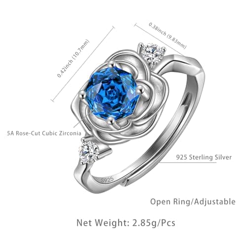 Rose Birthstone Ring - 925 Sterling Silver Rose Cut Cubic Zirconia September Sapphire 3D Flower Adjustable Ring Anniversary Engagement Promise Ring Birthday Jewelry Gift for Wife Mom Daughter DR0166S - Thumbnail 4