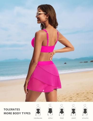 Hanna Nikole Women's Plus Size High Waisted Swimsuit Vintage Bikini Sets Mesh Layered Skirts with Brief Sporty XL Hot Pink - Thumbnail 4
