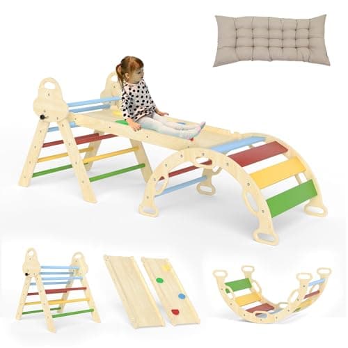 doowroodni Pikler Triangle Set 7in1 Toddler Climbing Toys Indoor Foldable Baby Climbing Toys Wooden Montessori Climbing Set with Arch, Ramp, Ladder for 1-3 Years, Jungle Gym for Kids