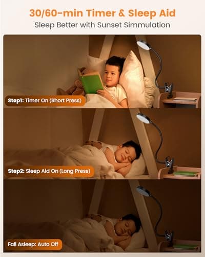 Glocusent Clip on Light, 72 LEDs Clip on Lamp with Amber Night Light, 3 Colors & 5 Brightness Bed Lamp, 30/60-Min Auto Off Timer, Perfect Eye Caring Reading Lamps for Bed/Headboard/Table/Desk - Thumbnail 6