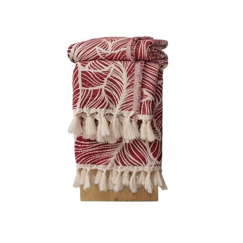 DOWN HOME Chenille Cotton Throw Blanket for Couch, Lightweight Boho Blanket for Bed Sofa Chair Living Room Outdoor Soft Woven Decorative Blanket with Tassel Gift Red Leaves 55"x60" - Image 1