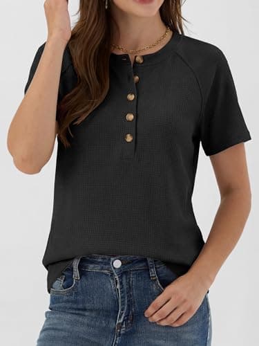 ANRABESS Women Waffle Knit Tops Short Sleeve Henley Shirts Dressy Casual Blouse 2026 Spring Fashion Outfits Trendy Clothes Black X-Large - Thumbnail 4