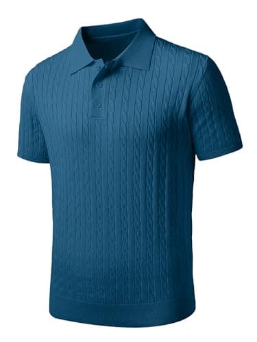 JEMLDL Dark Blue 3-Button Textured Knit Stretchy Polo Shirt for Men – Golf, Dress, Business Commute M - Image 1