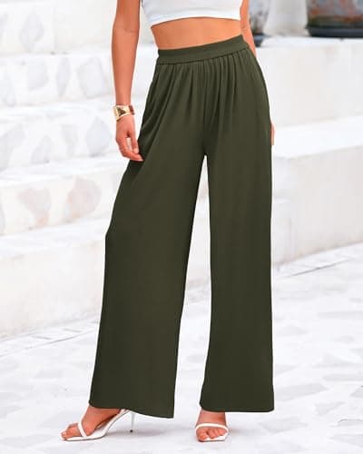 BTFBM Palazzo Pants for Women Spring Summer Clothes 2026 Pockets High Waist Casual Knit Flowy Wide Leg Trousers(Army Green, Large) - Thumbnail 3