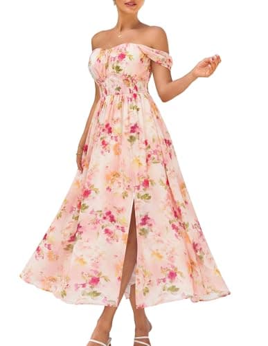 GRACE KARIN Summer Floral Pink Dress for Women 2026,Off the Shoulder Smocked Bridesmaid Dresses,Formal Baby Shower Maxi Dresses L - Image 1
