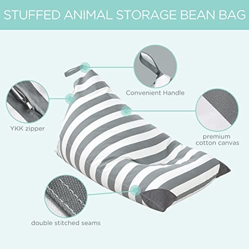 Aubliss Stuffed Animal Storage Bean Bag Chairs Cover, 50"x 35" Extra Large Bean Bags Chair for Kids Adults, Beanbag Toy Storage for Boys Girls - Premium Cotton Canvas Grey Stripe - Thumbnail 6