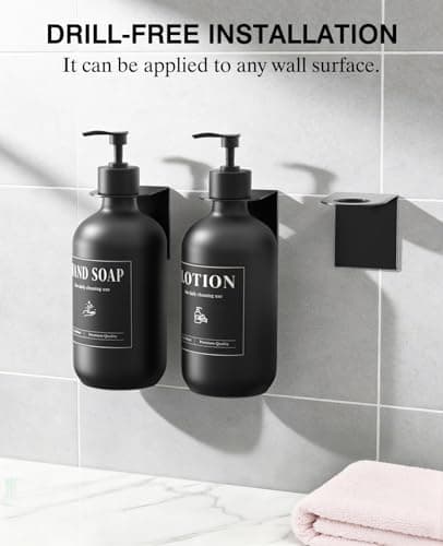 Luxspire Shampoo and Conditioner Bottles, 500ml Shampoo and Conditioner Dispenser, Shower Soap Dispenser Wall Mounted Plastic Bottles Bamboo Pump, Black 3 Sets for Bathroom, Shower Wall and Hotel - Thumbnail 5