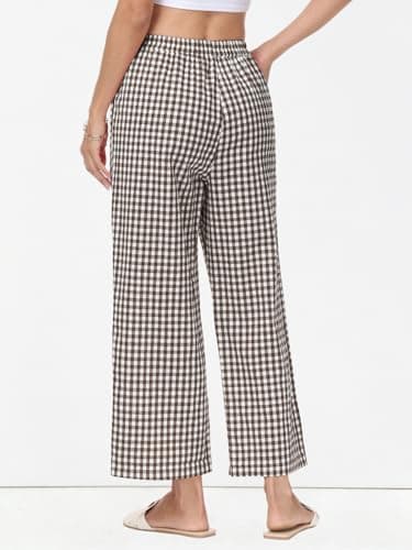Lallabai 2026 Women Striped Gingham Palazzo Cropped Pants Lounge Boxer Pajama Pants Wide Leg PJ Bottoms Trousers with Pockets - Thumbnail 2